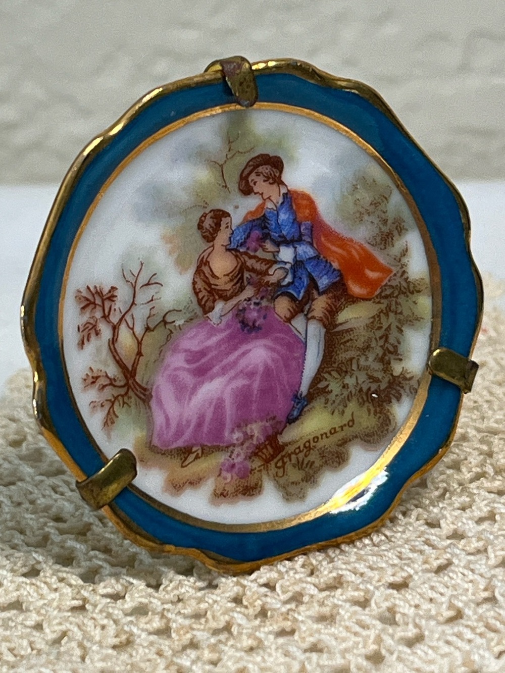 Vintage Limoges France Fragonard Porcelain Miniature Plate Brooch Pin Blue Gold